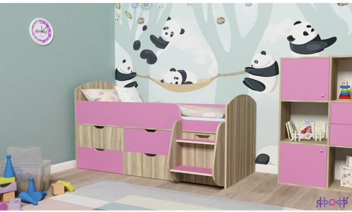 Кровать-чердак Малыш 7 (Белое дерево/Ясень Анкор темный)