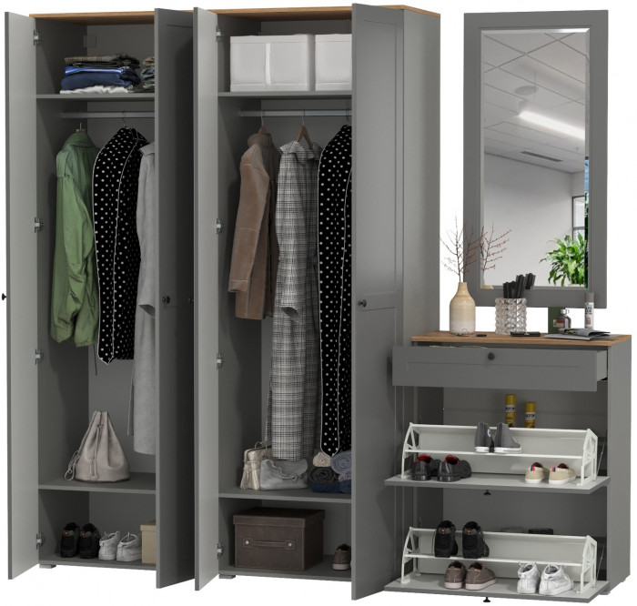 Остин Прихожая 28, цвет серый графит/дуб крафт золотой, ШхГхВ 240х54,3х229,6 см., универсальная сборка