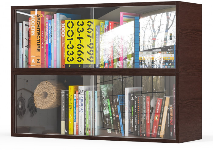 Две полки книжных С-МД-КН01, цвет венге, ШхГхВ размер каждой полки в отдельности: 83х25х30 см., стеклянные дверцы