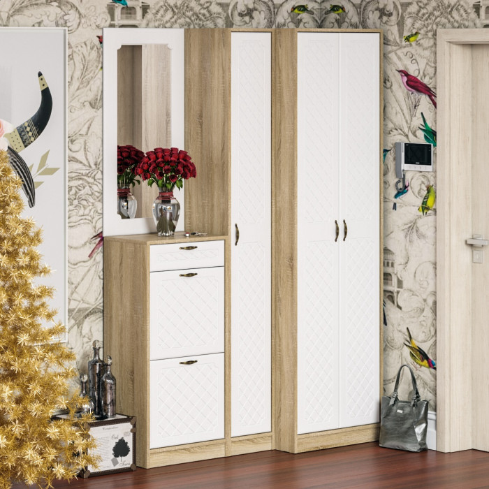 Прихожая П-6 Зеркало, цвет МДФ белое дерево фрезеровка ромб, ШхГхВ 50х1,6х102 см.