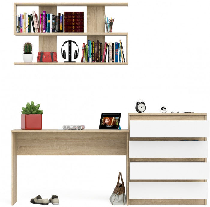 Мори Стол письменный МСП1200.1 + Комод МК800.4 + Полка 1200, цвет дуб сонома/белый, ШхГхВ 200,8х50х209,6 см., универсальная сборка