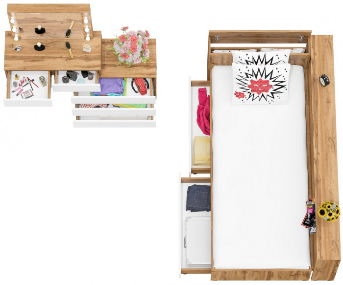 Ксения Кровать с ящиками 0900 + прикроватный блок + Столик с подсветкой 110, дуб вотан/белый