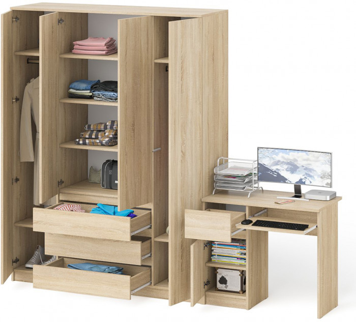 Мори компьютерный стол МС-1 левый + Шкаф МШ1600.1, дуб сонома