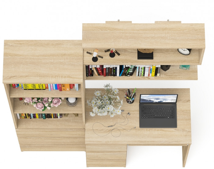 Мори компьютерный стол МС-6 левый + Стеллаж МСТ600.3 + Полка 900, дуб сонома