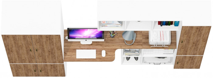 Лидер-8 Шкаф МД 19Б + Стол + Полка + Пенал 21Б, цвет белый шагрень/крафт золото, ШхГхВ 285х50/37,5х75/190 или 195х120х75/190 см., НЕ ун.сб.