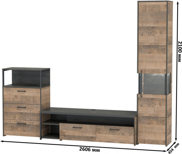 Трувор Гостиная 024, цвет дуб гранж песочный/интра, ШхГхВ 260,6х45,4х210 см., универсальная сборка
