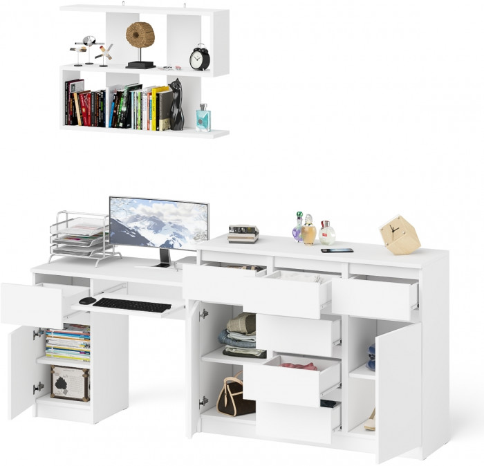 Мори Стол компьютерный МС-1 левый + Комод МК1200.4 + Полка 900, цвет белый, ШхГхВ 210,4х50х209,6 см., НЕ универсальная сборка