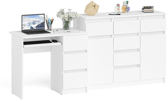 Мори Стол компьютерный МС-6 правый + Комод МК1200.4, цвет белый, ШхГхВ 210,4х50х94 см., выдвижные ящики справа, НЕ универсальная сборка