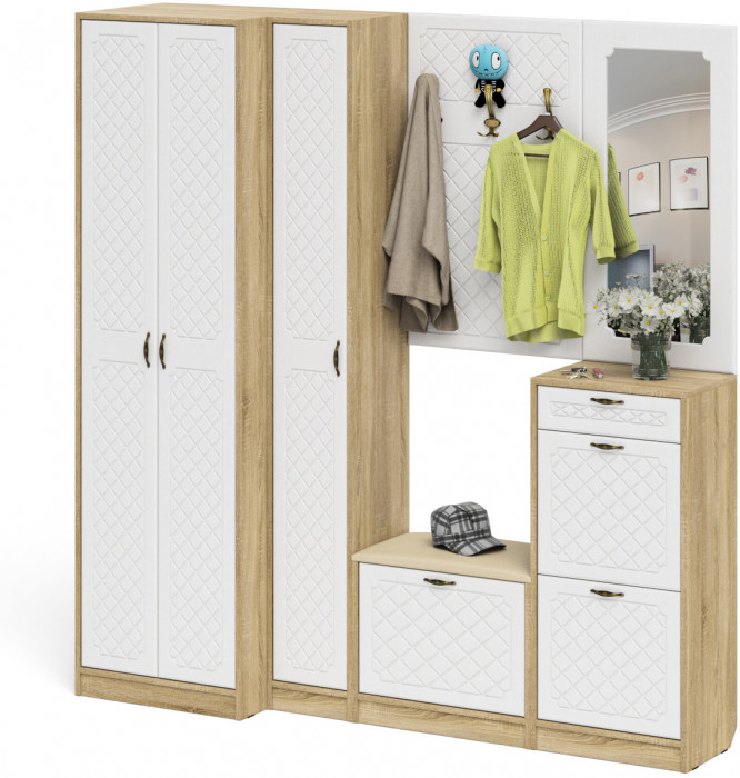 Прихожая П-6 Компоновка № 31, цвет дуб сонома/фасады МДФ белое дерево фрезеровка ромб, ШхГхВ 200х50х210 см., универсальная сборка