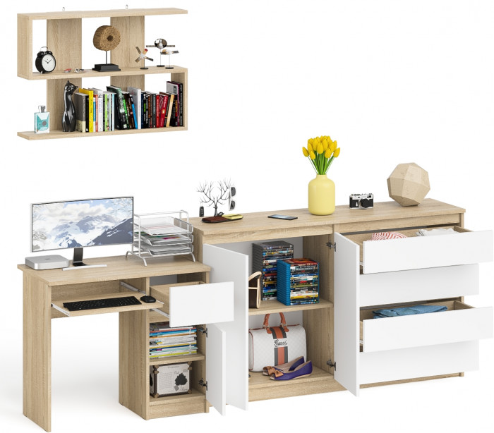 Мори компьютерный стол МС-1 правый + Комод МК1600.1 + Полка 900, дуб сонома/белый