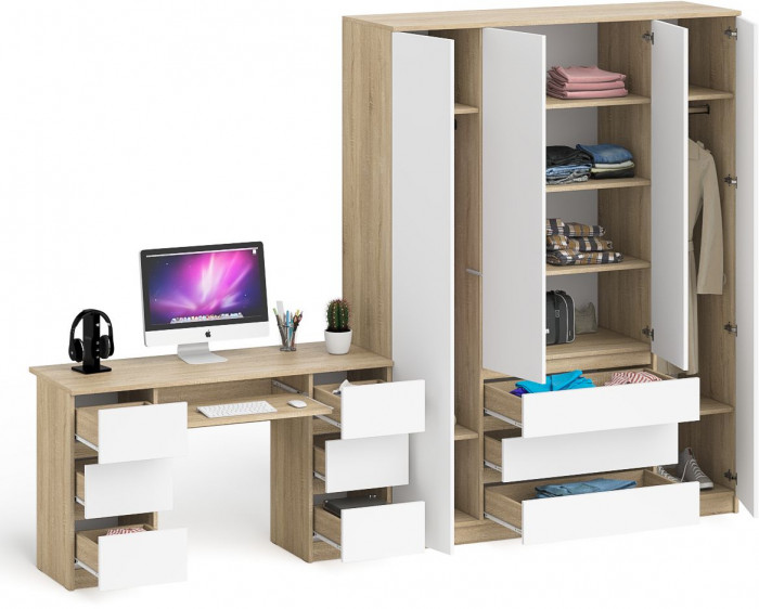 Мори компьютерный стол МС-2 + Шкаф МШ1600.1, дуб сонома/белый