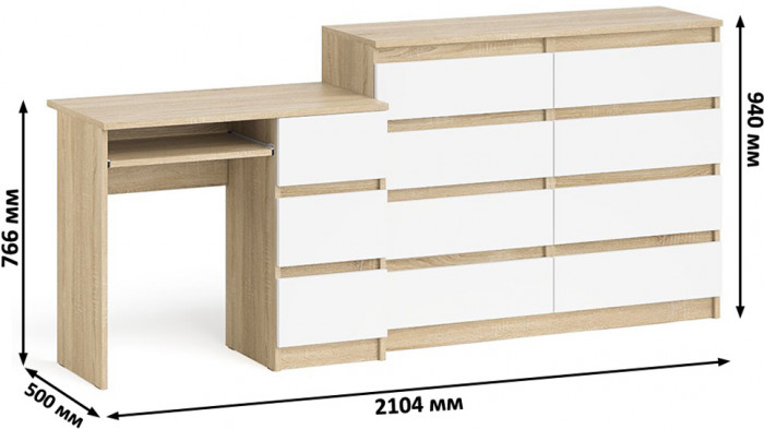 Мори компьютерный стол МС-6 правый + Комод МК1200.8, дуб сонома/белый
