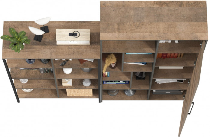 Трувор 13.151.02 Стеллаж + 13.206 Шкаф-стеллаж, цвет дуб гранж песочный/интра, ШхГхВ 183х37х194,2 см., универсальная сборка