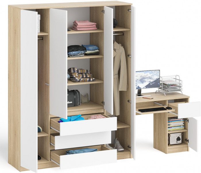 Мори компьютерный стол МС-1 правый + Шкаф МШ1600.1, дуб сонома/белый