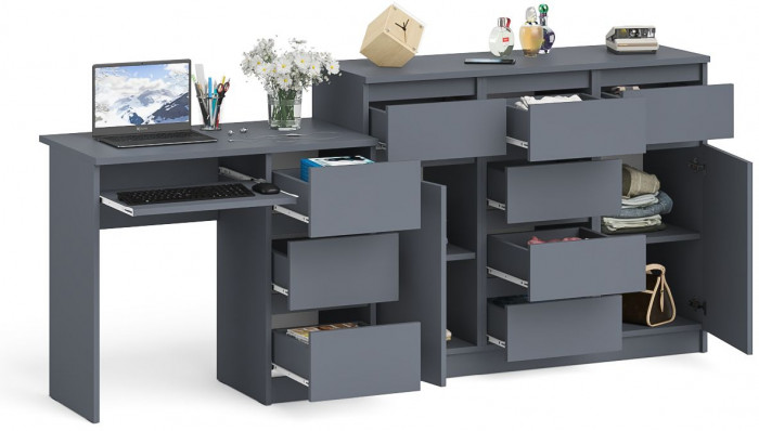 Мори Стол компьютерный МС-6 правый + Комод МК1200.4, цвет графит, ШхГхВ 210,4х50х94 см., выдвижные ящики справа, НЕ универсальная сборка
