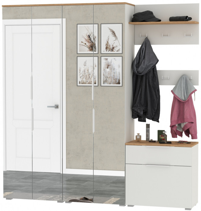 Октава Прихожая 27, цвет белый шагрень/дуб крафт золотой/фасады МДФ белый шагрень, ШхГхВ 193,7х35,4х197,6 см., универсальная сборка