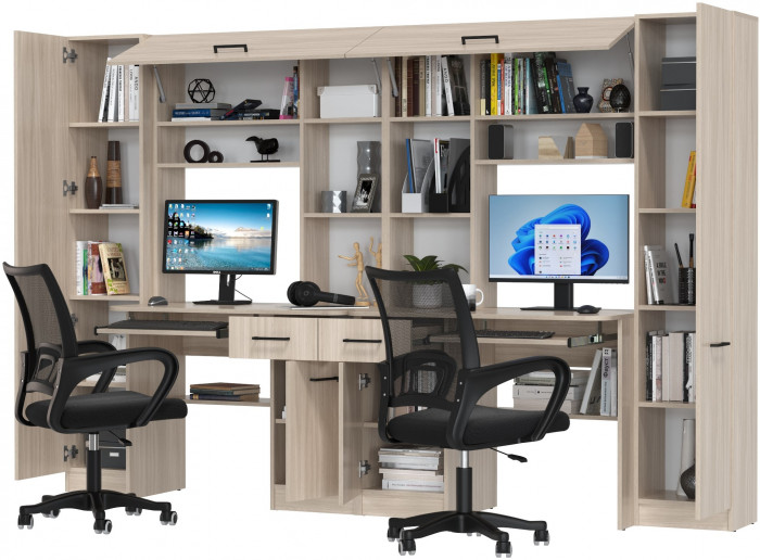 Два стола рабочих 6-0603 Альфа + два кресла 103 чёрных, ясень шимо светлый