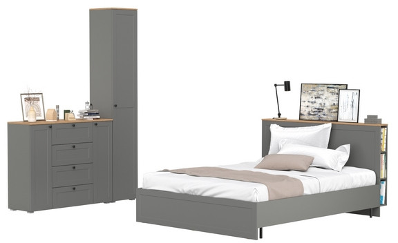 Остин 11.53 Кровать + ортопед + 13.227 Шкаф-пенал + 16.221 Комод, серый графит/дуб крафт золотой