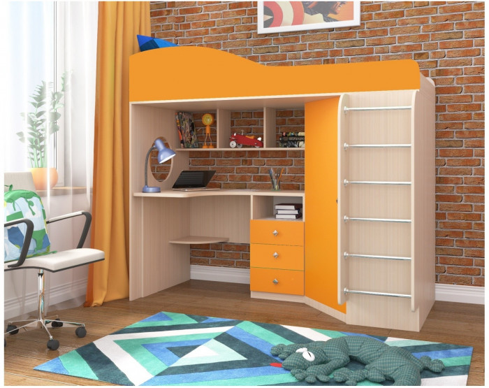 Кровать-чердак Кадет 1 с металлической лестницей (Белое дерево/Лайм)