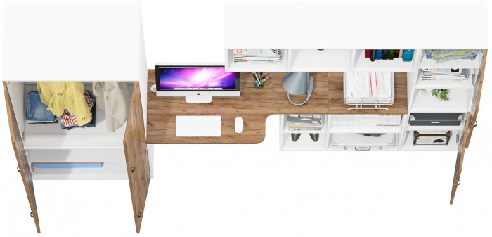 Лидер-8 Шкаф МД 19Б + Стол + Полка + Пенал, цвет белый шагрень/крафт золото, ШхГхВ 285х50/30х75/190 или 195х120х75/190 см., НЕ ун.сб.