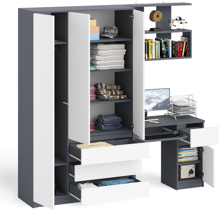 Мори Стол компьютерный МС-1 правый + Шкаф МШ1200.1 + Полка 900, цвет графит/белый, ШхГхВ 210,4х50,4х209,6 см., НЕ универсальная сборка