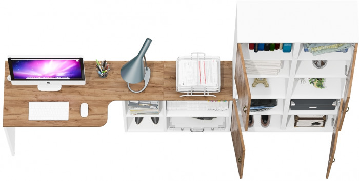 Лидер-8 Стол + Пенал + Пенал, цвет белый шагрень/крафт золото, ШхГхВ 245х50/30х75/190 см. или 115х50/160х75/190 см., НЕ универсальная сборка