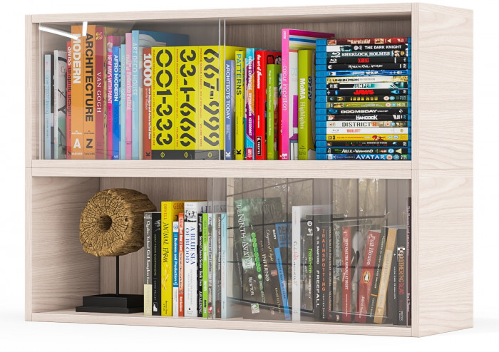 Две полки книжных С-МД-КН01, цвет ясень шимо светлый, размер каждой полки в отдельности: ШхГхВ 83х25х30 см., стеклянные дверцы