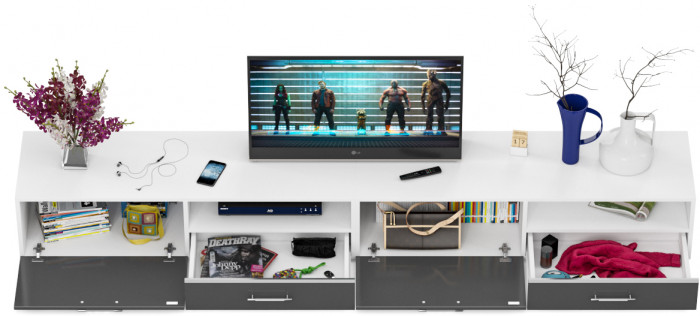 Тумба под ТВ Ларго 1, корпус белый/фасады МДФ графитово-серый глянец