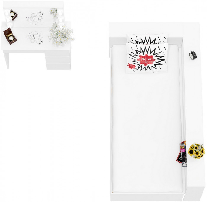 Ксения Кровать с ящиками 0900 + прикроватный блок + Столик с подсветкой Сура, белый