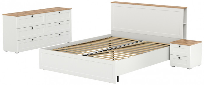 Остин 11.53 Кровать + ортопед + 16.240 Комод + 16.152 Тумба прикроватная, белый шагрень/дуб крафт золотой