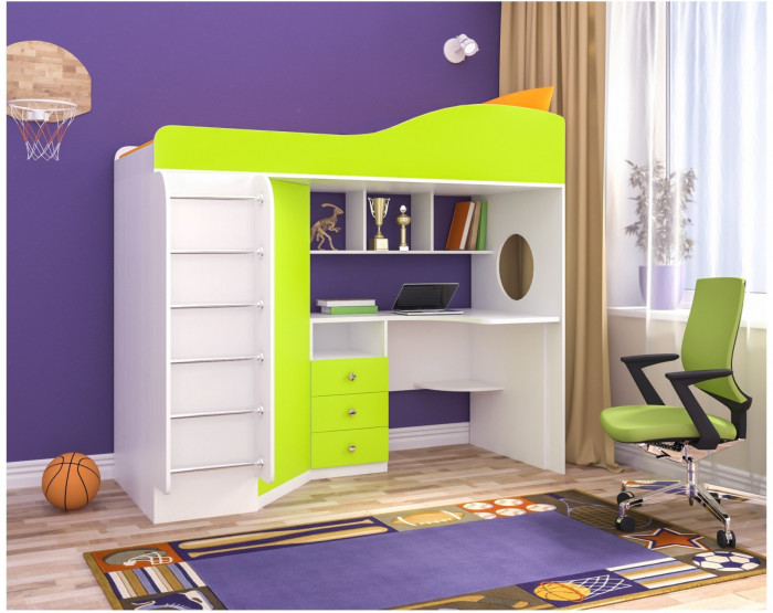 Кровать-чердак Кадет 1 с металлической лестницей (Дуб молочный/Ирис)