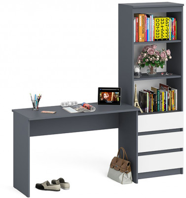 Мори Стол письменный МСП1200.1 + Стеллаж МСТ600.3, цвет графит/белый, ШхГхВ 180,8х50х179,6 см., универсальная сборка