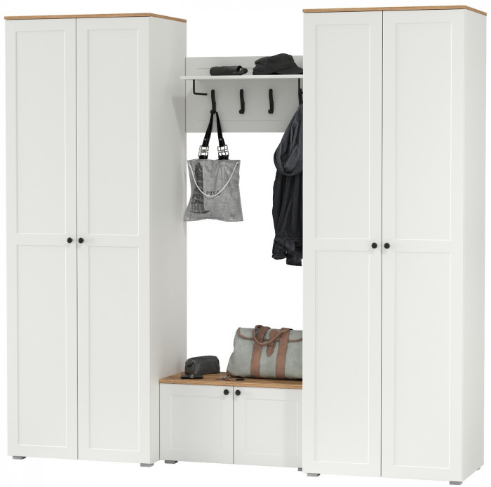 Остин Прихожая 31, цвет белый шагрень/дуб крафт золотой, ШхГхВ 240х54,3х229,6 см., универсальная сборка