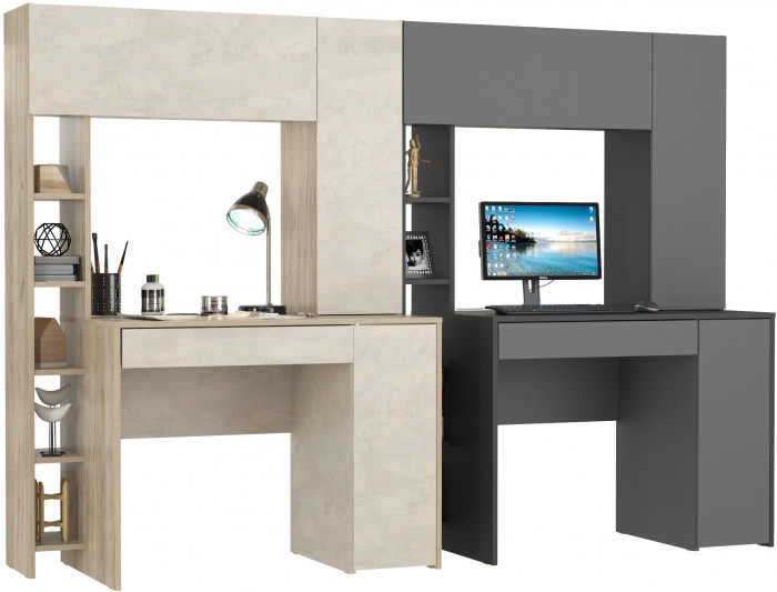 КР100 Два стола компьютерных Комфорт 12.71, цвет дуб крафт серый/шёлковый камень/антрацит/тёмно-серый, ШхГхВ 233,4х60,2х165,4 см., НЕ универс. сборка
