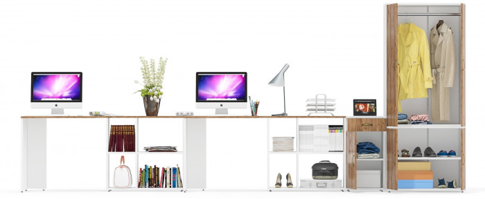 Лидер-8 Стол + Стол + Шкаф МД 19Б + Тумба МД 3.15, белый шагрень/крафт золото