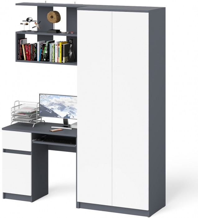 Мори компьютерный стол МС-1 левый + Шкаф МШ800.1 + Полка 900, графит/белый