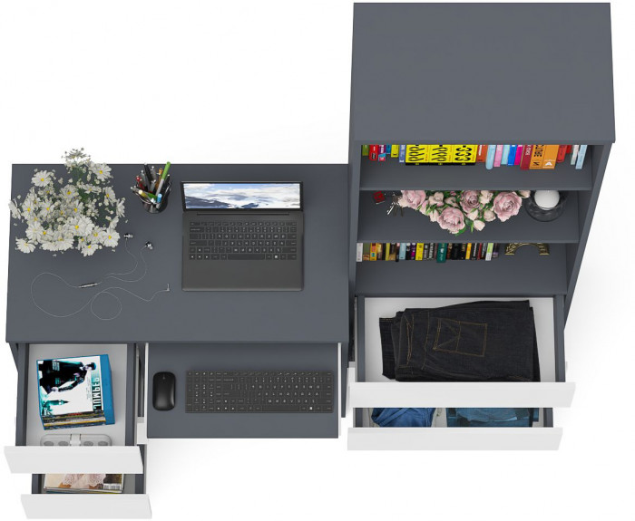 Мори компьютерный стол МС-6 левый + Стеллаж МСТ600.3, графит/белый