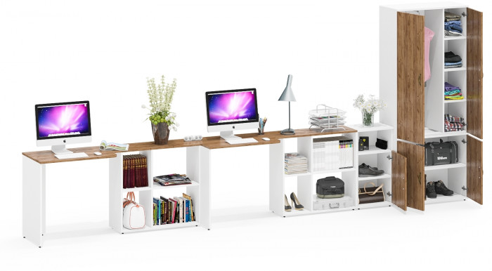 Лидер-8 Стол + Стол + Шкаф МД 20Б + Тумба МД 3.19, цвет белый шагрень/крафт золото, ШхГхВ 450х50/37,5х75/190 или 230х200/50х75/190 см., НЕ ун. сб.