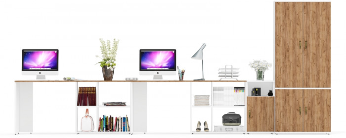 Лидер-8 Стол + Стол + Шкаф МД 20Б + Тумба МД 3.19, цвет белый шагрень/крафт золото, ШхГхВ 450х50/37,5х75/190 или 230х200/50х75/190 см., НЕ ун. сб.