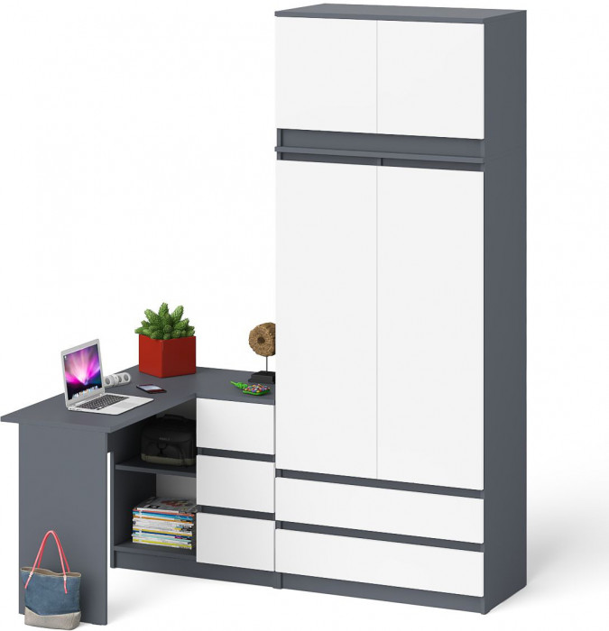 Мори Стол компьютерный МС-16 правый + Шкаф МШ900.1 + Антресоль МА900.1, цвет графит/белый, ШхГхВ 214,8х84,9х234,2 см., выдвиж. ящ. справа, НЕ ун. сб.