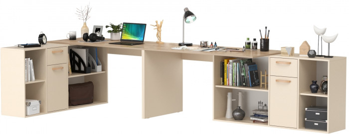 Лайт Стол письменный 03.245F + 03.245F, цвет сатин/дуб эндгрейн элегантный, ШхГхВ 342,7х136х75,2 см.(угловой) или 407х68х75,2 см.(прямой), ун. сборка