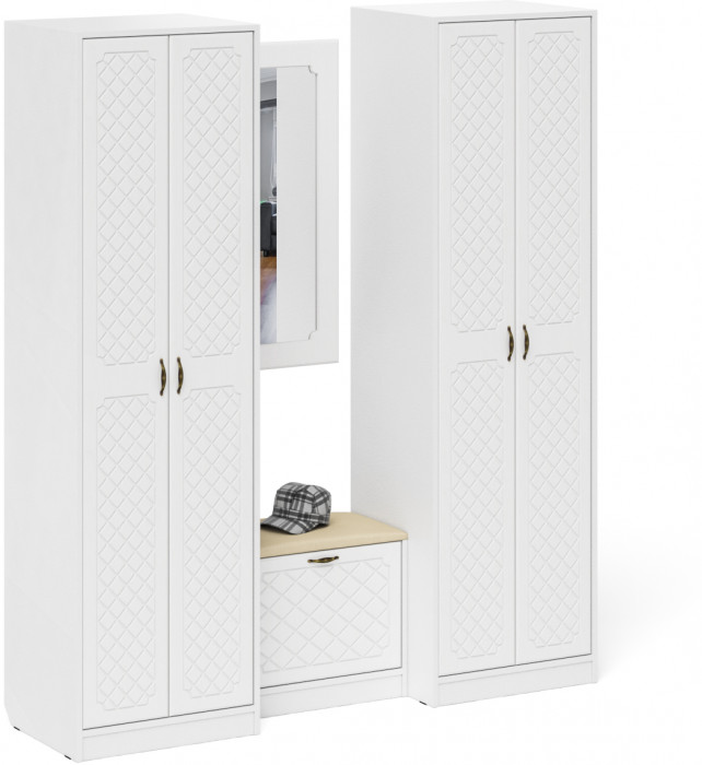 Прихожая П-6 Компоновка № 08, цвет белая шагрень/фасады МДФ белое дерево фрезеровка ромб, ШхГхВ 180х50х210 см., универсальная сборка