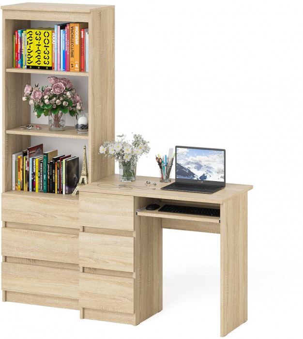 Мори компьютерный стол МС-6 левый + Стеллаж МСТ600.3, дуб сонома