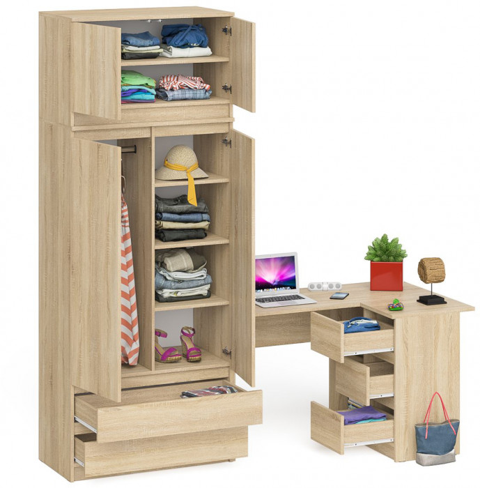 Мори Стол компьютерный МС-16 правый + Шкаф МШ900.1 + Антресоль МА900.1, цвет дуб сонома, ШхГхВ 214,8х84,9х234,2 см., выдвиж. ящики справа, НЕ ун. сб.