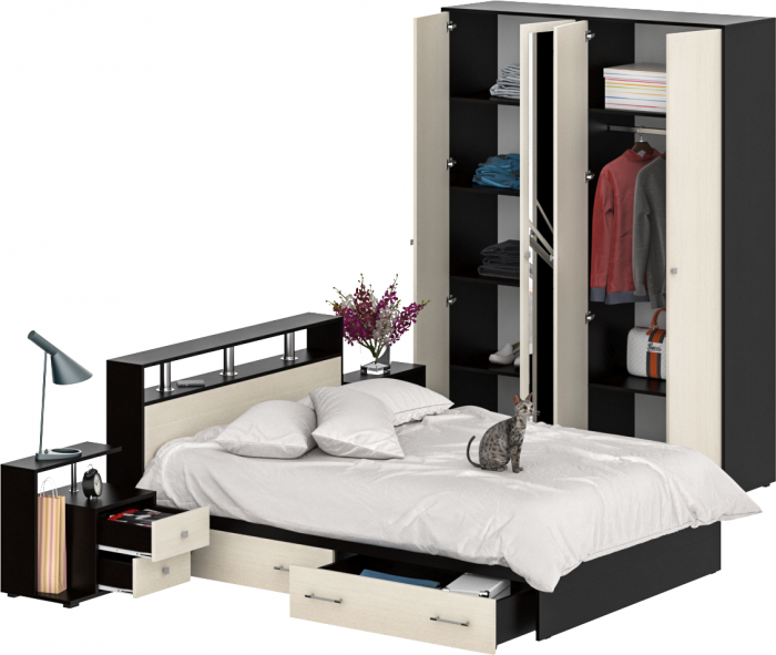 Камелия спальня № 8 Кровать с ящиками 1400 + Две тумбы + Шкаф 4-х створчатый, цвет венге/дуб лоредо, сп.м. 1400х2000 мм., б/м, основание есть