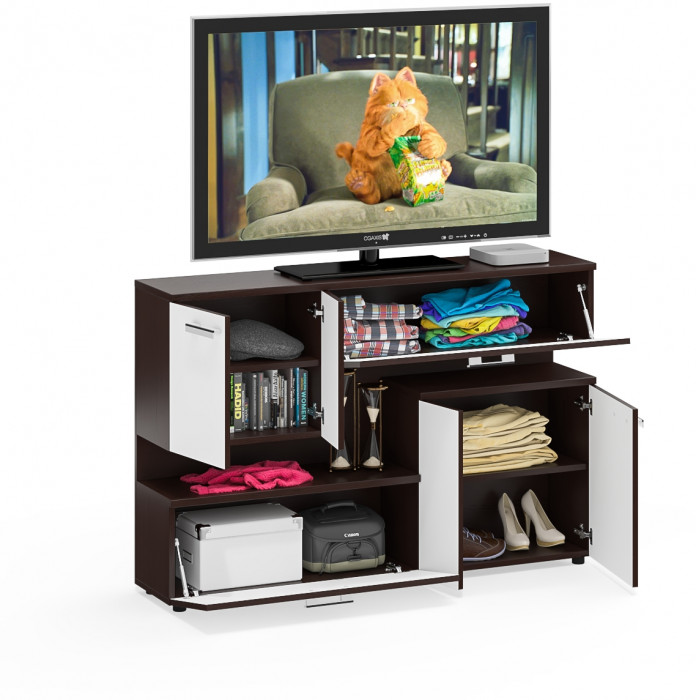 Тумба ТВ С-МД-С1-1400, цвет венге/белый шагрень, ШхГхВ 140х30х93 см., НЕ универсальная сборка