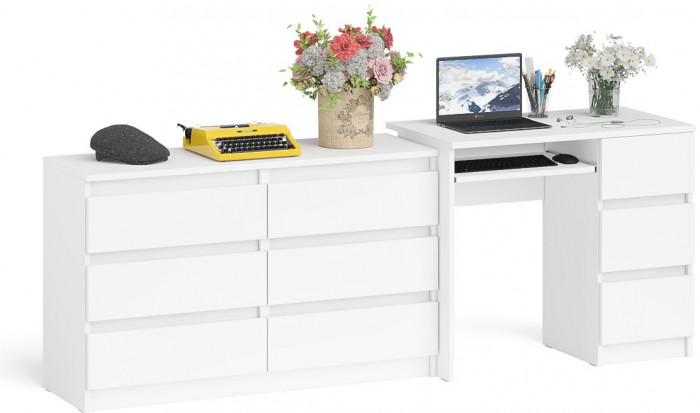 Мори Стол компьютерный МС-6 правый + Комод МК1200.6, цвет белый, ШхГхВ 210,4х50х76,6 см., выдвижные ящики справа, НЕ универсальная сборка