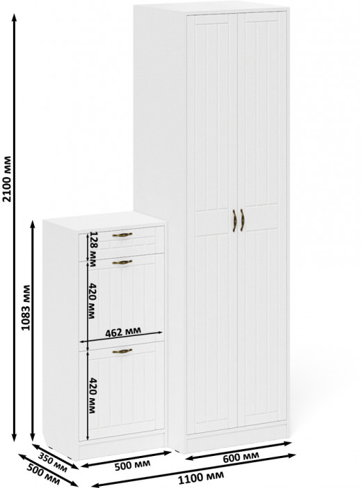 Прихожая П-6 Компоновка № 16, цвет белая шагрень/фасады МДФ белое дерево фрезеровка прованс, ШхГхВ 110х50х210 см., универсальная сборка