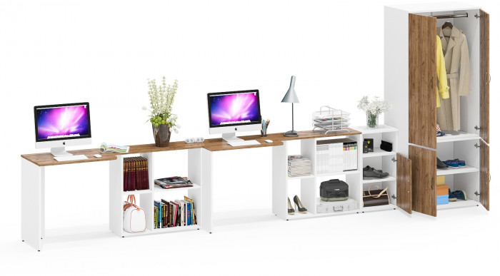 Лидер-8 Стол + Стол + Шкаф МД 19Б + Тумба МД 3.19, белый шагрень/крафт золото