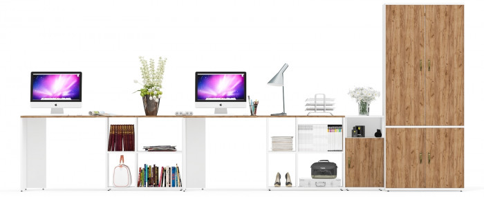 Лидер-8 Стол + Стол + Шкаф МД 19Б + Тумба МД 3.19, белый шагрень/крафт золото